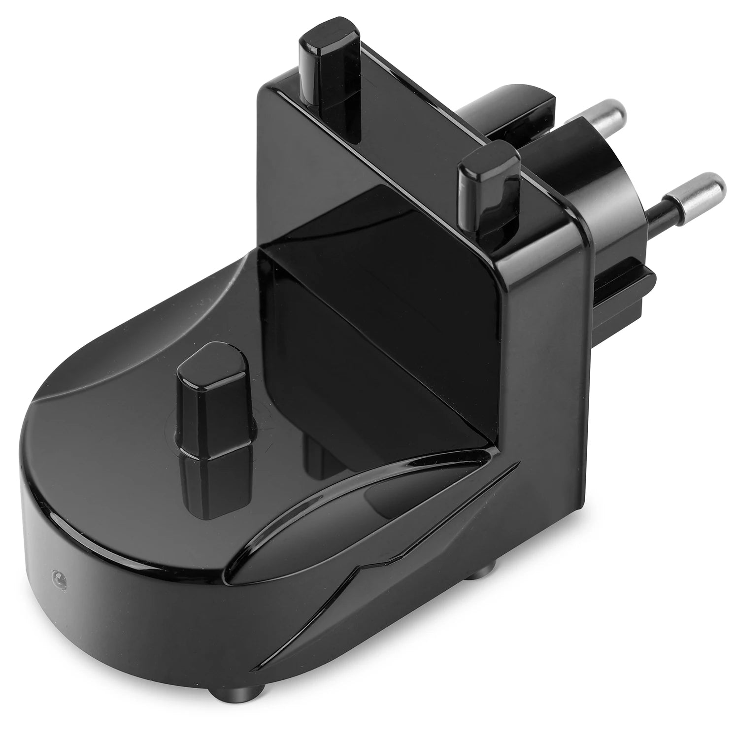 Black travel adapter on a white background